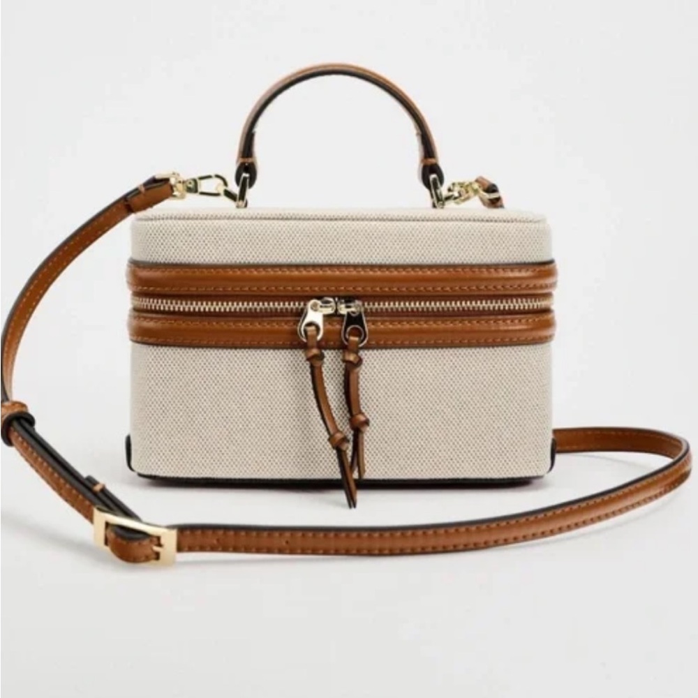 Zara canvas brown leather rigid vanity bag